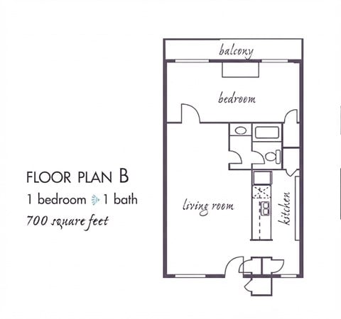 Floor plan for 1 bed, 1 bath, 700 sqft